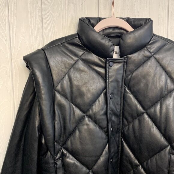 Pistola Callista Long Sleeve Puffer Jacket Vest Black Faux Leather Medium NWT - Picture 8 of 10